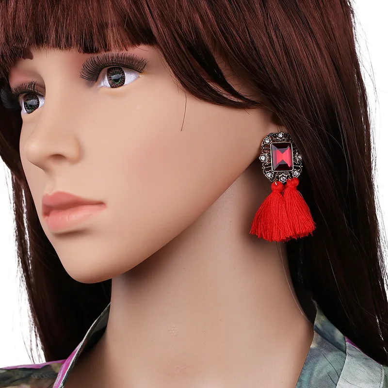 16 Colors, Crystal Square Tassel Stud Fringe Earrings