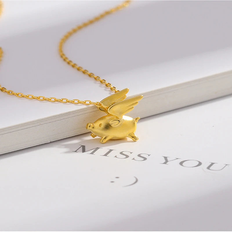 Qevila 2019 Hot Original Design Flying Sweet Pig Necklace Pendant 925 Sterling Silver 18k Gold for Women Couple Unique Gift Boho (4)