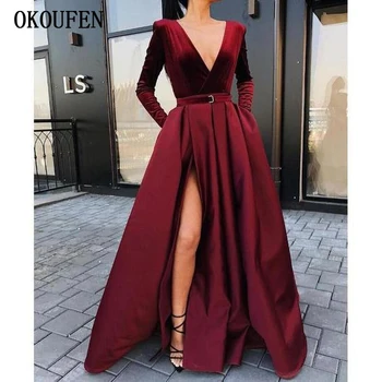 Burgundy Black Prom Dresses 2019 Deep V-Neck Velvet Long Sleeves Satin High Split Special vestidos de fiesta largos elegantes
Burgundy Black Prom Dresses 2019 Deep V-Neck Velvet Long Sleeves Satin High Split Special vestidos de fiesta largos elegantes