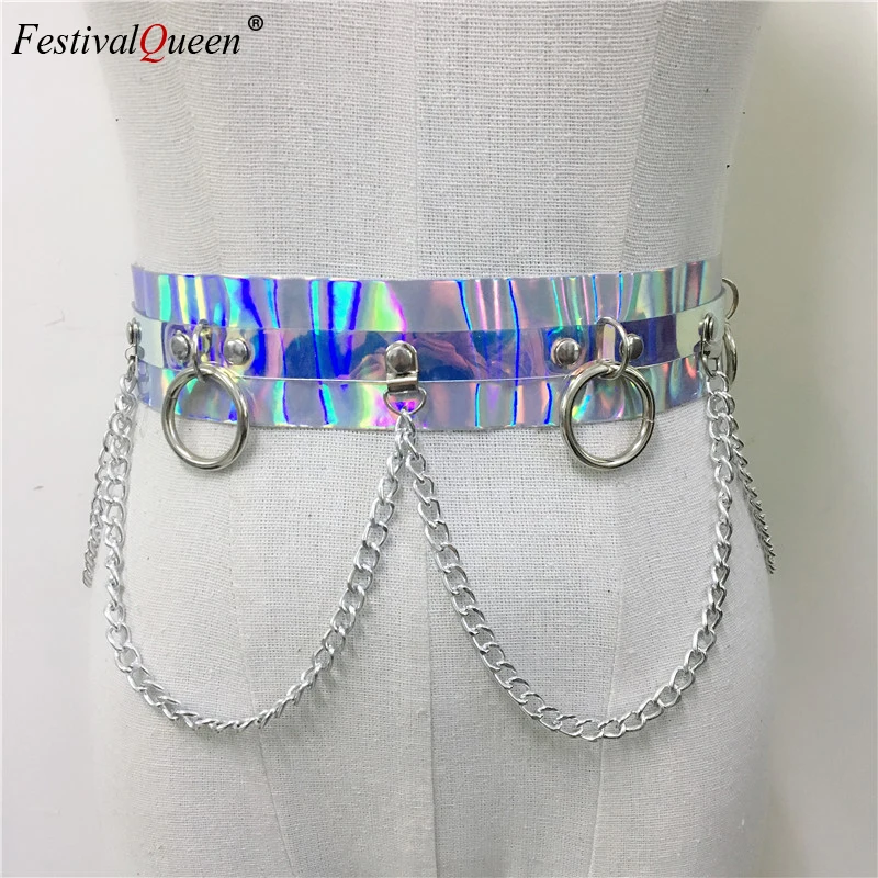 

FestivalQueen Women's Shiny Faux Leather Harness Belt Dazzle Color Holographic Silver Metal Punk Chain Nightclub Party Waist Bel