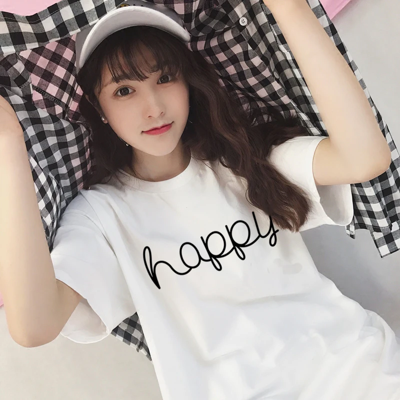 2019 spring and summer fashion new happy letter printing women's T-shirt casual Slim short-sleeved cute girl round neck shirt
2019 spring and summer fashion new happy letter printing women's T-shirt casual Slim short-sleeved cute girl round neck shirt
