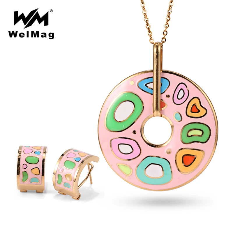 

Round Graphics Cute Necklace for Women Earring Sets Love Pendant Long Stainless Steele Chains