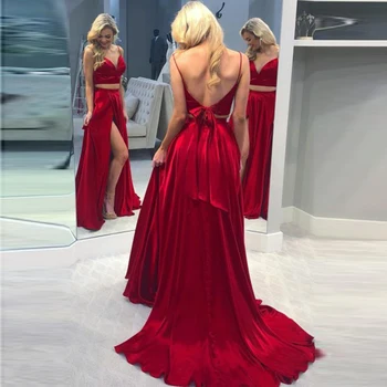 Sexy Spaghetti Straps Two Piece Satin Prom Dresses Off The Shoulder High Slit Formal Prom Evening Gowns Long Backless
Sexy Spaghetti Straps Two Piece Satin Prom Dresses Off The Shoulder High Slit Formal Prom Evening Gowns Long Backless
