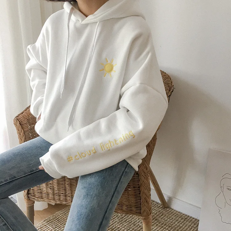 Свитшот с капюшоном и вышитыми надписями Sun Cloud Moon корейские теплые флисовые