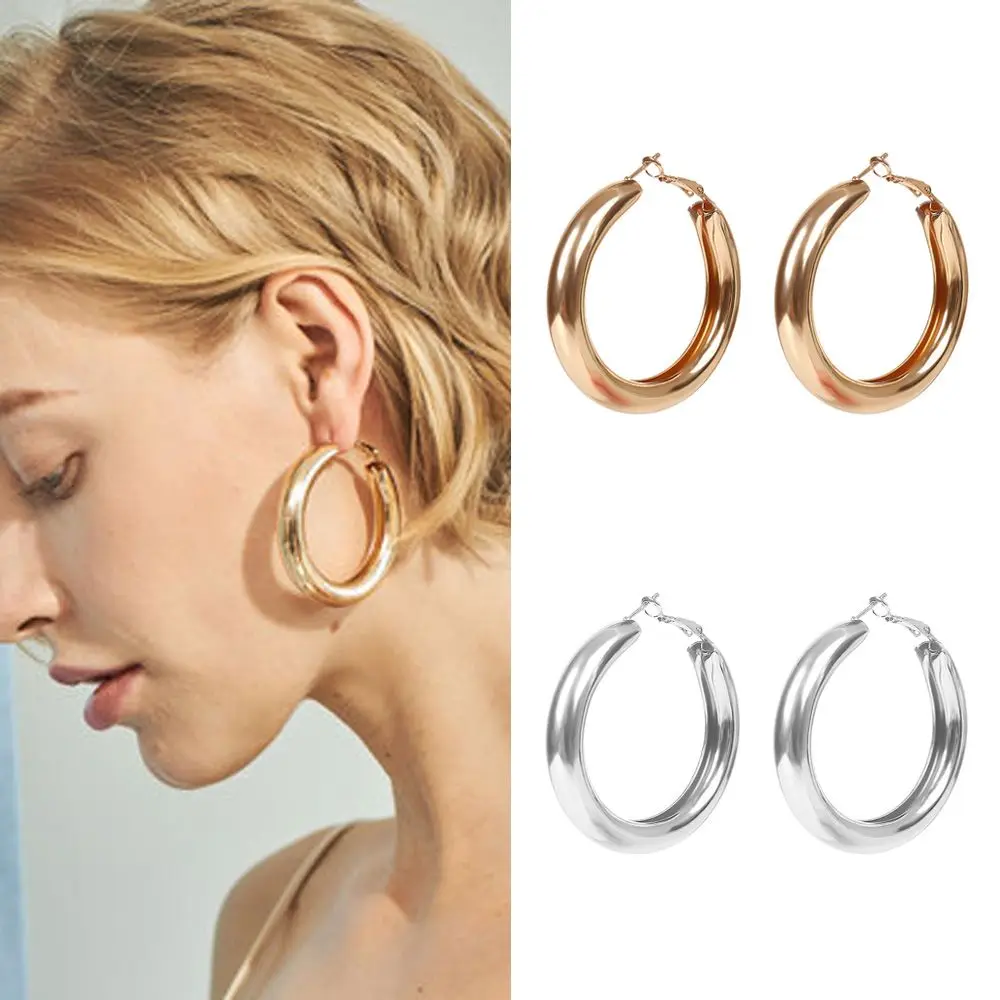 

1pair 50mm Big Gold Hoops Earrings Minimalist Thick Tube Round Circle Earrings For Women Zinc Alloy Trendy Hiphop Rock Earring