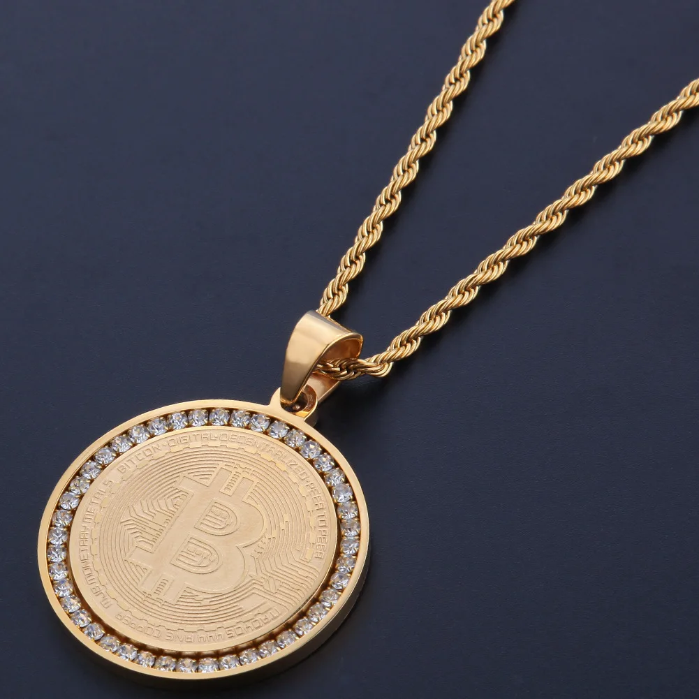 Gold Bling Hip Hop BitCoin Pendant Zircon Stainless Steel Long Chain Necklace for Man Fashion Jewelry 2019
Gold Bling Hip Hop BitCoin Pendant Zircon Stainless Steel Long Chain Necklace for Man Fashion Jewelry 2019