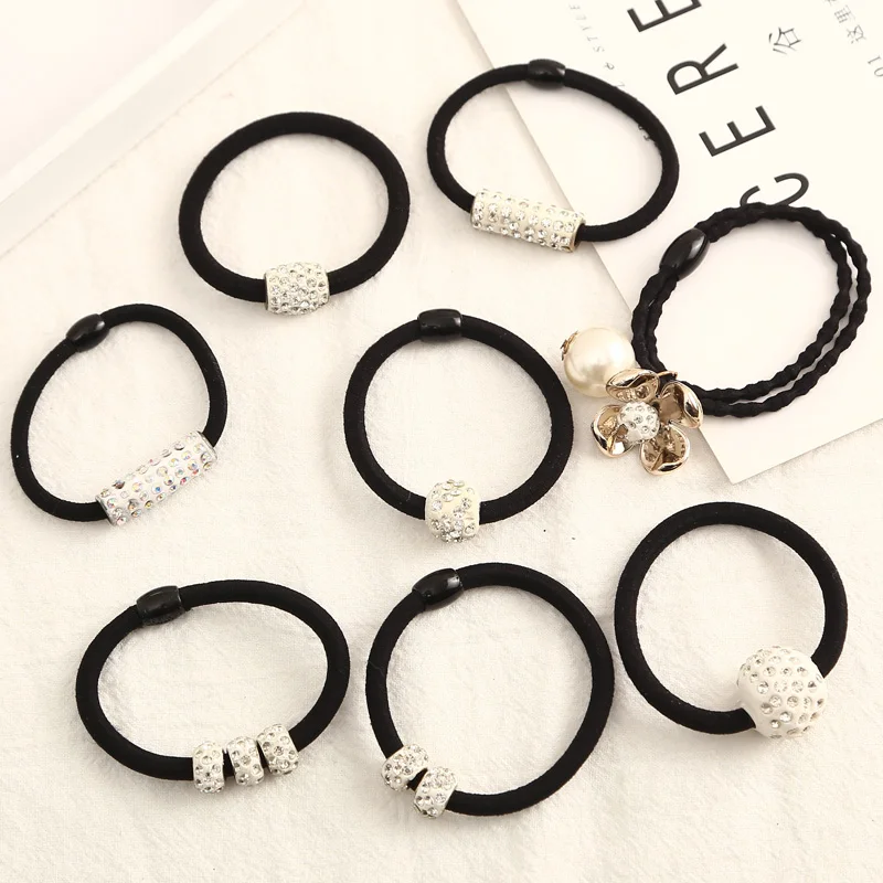 

5pcs/lot Full Crystal Rubber Bands Hair Accessories For Women Black Elastic Hair Girls Lovely Hair Ropes Ponytail Holder Tie