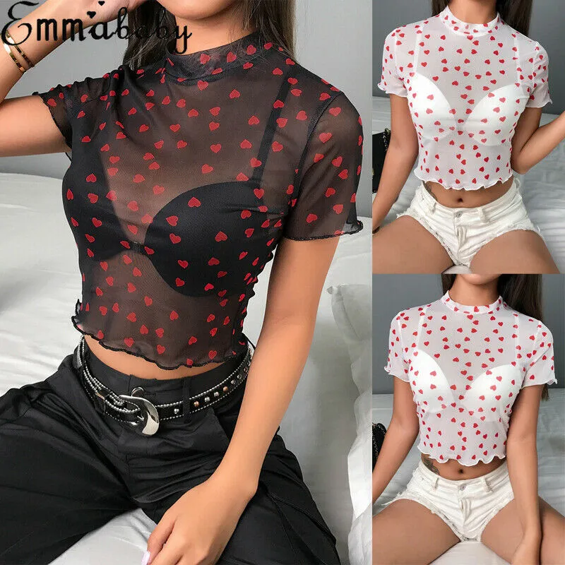 Women Turtleneck Heart Print Perspective Mesh Sheer T-Shirt See Through Slim Clubwear Short Sleeve T-shirt Crop Tops Transparent
Women Turtleneck Heart Print Perspective Mesh Sheer T-Shirt See Through Slim Clubwear Short Sleeve T-shirt Crop Tops Transparent
