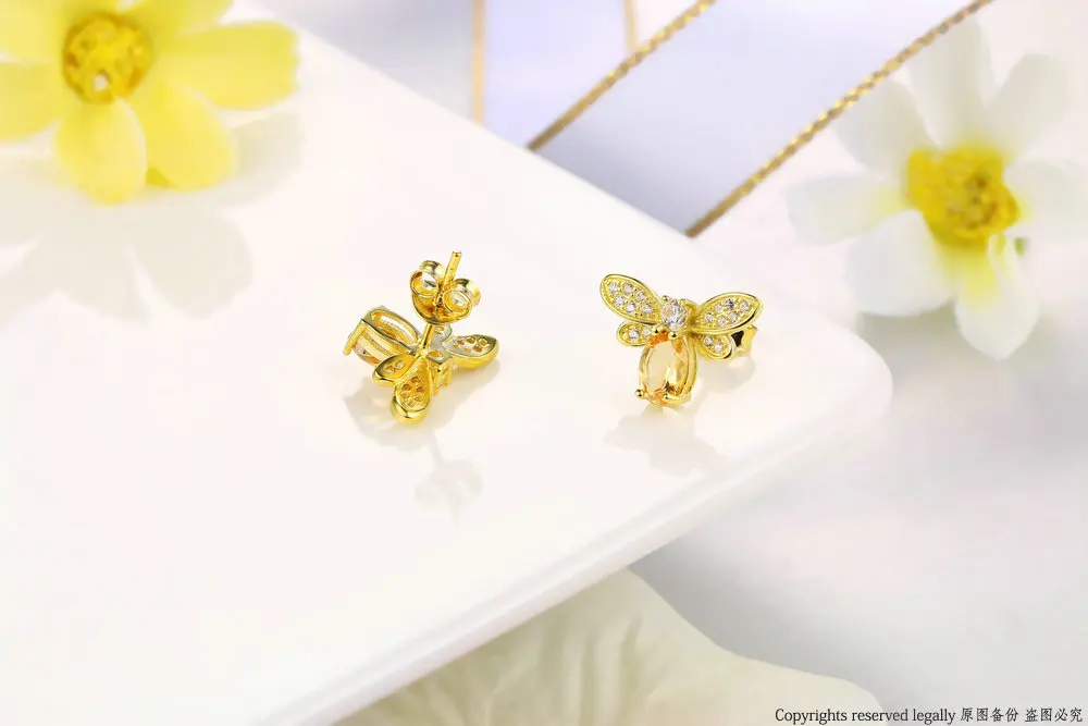 MoBuy MBEI041 Natural Citrine Lovely Bee Stud Earrings 925 Sterling Silver Jewelry 14K Yellow Gold Plated Fine Jewelry For Women 9