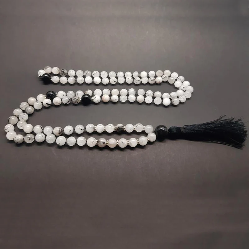 108 Mala Beads Women 8mm Tourmalinated Q-uartz Beaded Meditation Necklace Healing Crystal Energy Necklace With Black Tassel
108 Mala Beads Women 8mm Tourmalinated Q-uartz Beaded Meditation Necklace Healing Crystal Energy Necklace With Black Tassel
