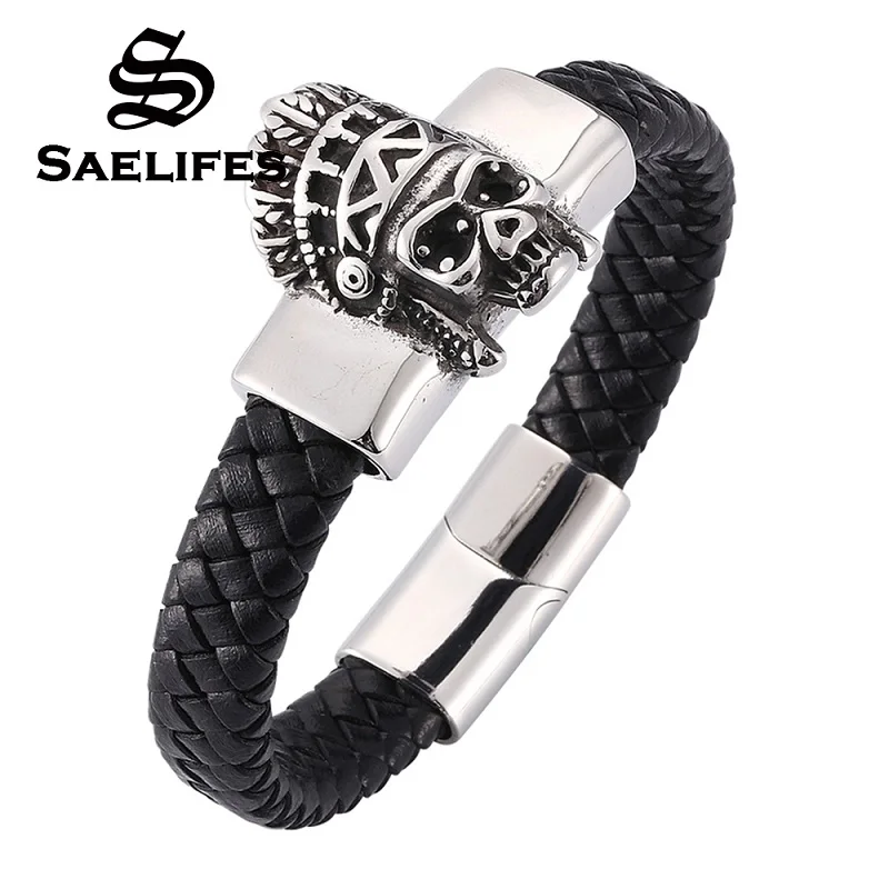 Punk Skull Stainless Steel Leather Bracelets & Bangles Black Bracelet Braid Rope Rock Skeleton Men Jewelry PB0273 | Украшения и