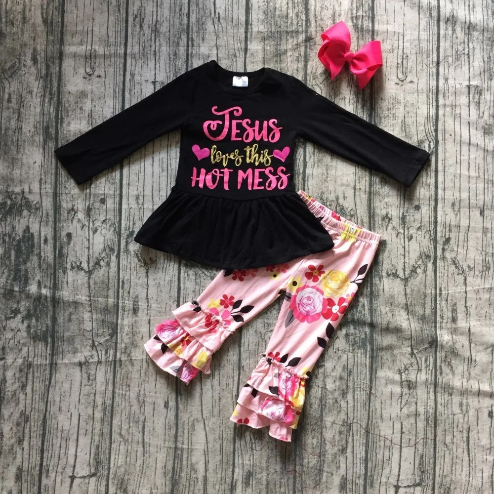 new Fall/winter baby girls Hesus loves this hot mess outfit boutique floral pant cotton children clothes matching accessories
new Fall/winter baby girls Hesus loves this hot mess outfit boutique floral pant cotton children clothes matching accessories