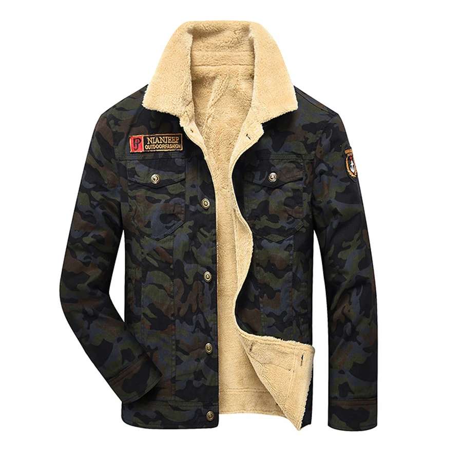 Image Camouflage Denim Jacket Men Winter Fur Fleece Men s Jeans Jacket Black Khaki Army Flight Military Coat Tactical Single Breasted