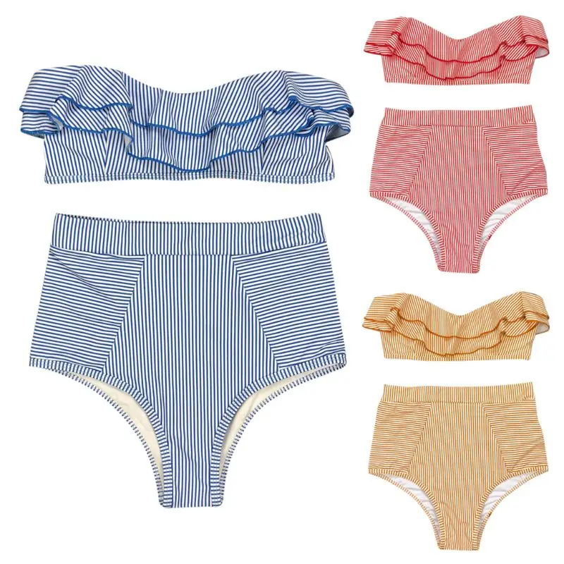 Womens Sexy Two Piece Bikini Set Strapless Ruffled Bandeau Tube Top High Waist Thong Swimsuit Vintage Striped Print Bathing Suit
Womens Sexy Two Piece Bikini Set Strapless Ruffled Bandeau Tube Top High Waist Thong Swimsuit Vintage Striped Print Bathing Suit