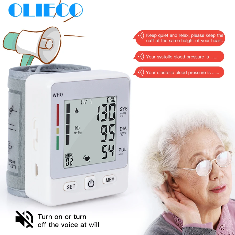OLIECO USB Rechargeable Voice Blood Pressure Monitor Meter Portable Wrist Digital Sphygmomanometer Big Screen 2 User pulsometer
OLIECO USB Rechargeable Voice Blood Pressure Monitor Meter Portable Wrist Digital Sphygmomanometer Big Screen 2 User pulsometer
