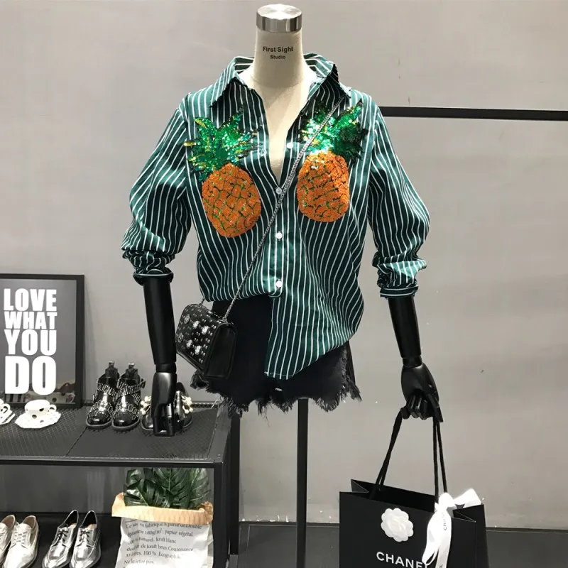 New brand autumn Spring Korean Fashion Beading Sequins Pineapple Pattern Cotton Chic shirt Loose Shirts Women blouses blusa
New brand autumn Spring Korean Fashion Beading Sequins Pineapple Pattern Cotton Chic shirt Loose Shirts Women blouses blusa