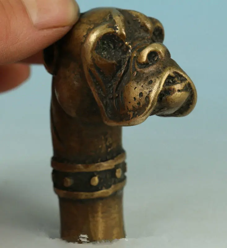 Chinese ancient bronze hand carved dog statue cane head