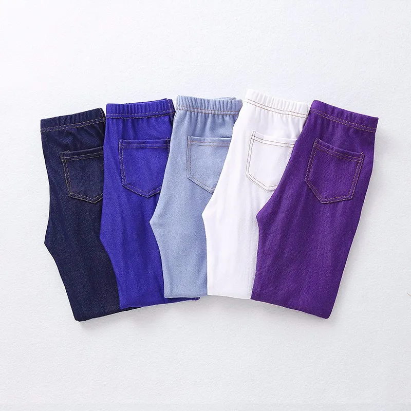 SheeCute New Spring Summer Fashion Girls Pencil knit Imitation denim fabric Jeans Kids Candy Colore Mid Waist Full Length pants 25