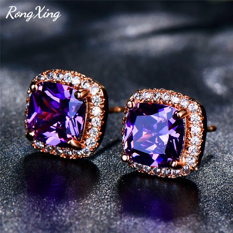 

RongXing Charming Purple Crystal Zircon Square Stud Earrings for Women Vintage Rose Gold Filled Birthstone Earring Wedding Gifts