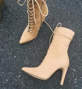 Hot Selling Lace-up Wide Mid-calf Boots Sexy Beige Stretch Fabric Pointed Toe High Heel Boots Celebrity Runway Gladiator Boots
Hot Selling Lace-up Wide Mid-calf Boots Sexy Beige Stretch Fabric Pointed Toe High Heel Boots Celebrity Runway Gladiator Boots