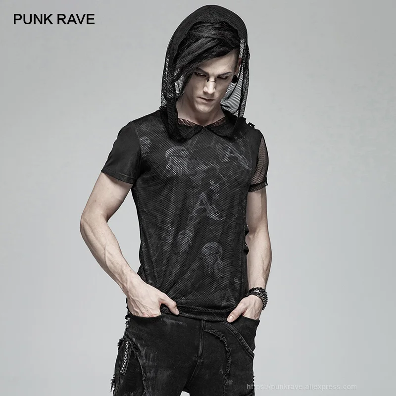 PUNK RAVE New Punk Black Print Short Sleeve Mesh Hooded Men's T-shirt Gothic Personality Casual Men Funny T Shirts Tees
PUNK RAVE New Punk Black Print Short Sleeve Mesh Hooded Men's T-shirt Gothic Personality Casual Men Funny T Shirts Tees