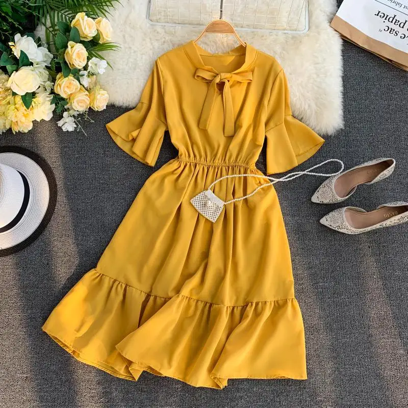HISUMA Women Summer A-line Flare Sleeve Lace Up Bandage Bow Dress Elegant Elastic Slim High Waist Pullover Pleated Chiffon Dress
HISUMA Women Summer A-line Flare Sleeve Lace Up Bandage Bow Dress Elegant Elastic Slim High Waist Pullover Pleated Chiffon Dress