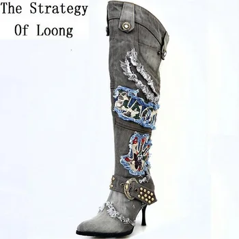 Women Vintage Thin High Heel Pointed Toe Denim Buckle Crystal Rivets Over The Knee Autumn Winter Jeans Long Boots SXQ0624
Women Vintage Thin High Heel Pointed Toe Denim Buckle Crystal Rivets Over The Knee Autumn Winter Jeans Long Boots SXQ0624