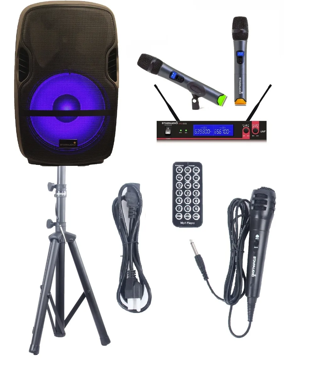 STARAUDIO PA DJ 15''2000W Stage Karaoke KTV Powered Active FM USB SD BT Speaker W/ LED light Stand 2CH UHF Mic SCSM-15RGB
STARAUDIO PA DJ 15''2000W Stage Karaoke KTV Powered Active FM USB SD BT Speaker W/ LED light Stand 2CH UHF Mic SCSM-15RGB