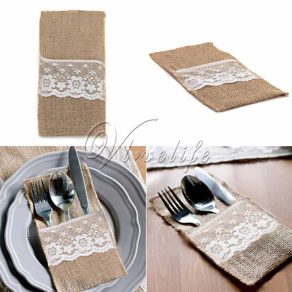 100pcs/lot Burlap Cutlery Holder Vintage Shabby Chic Jute Lace Tableware Pouch Packaging Fork & Knife Pocket Home Textiles
100pcs/lot Burlap Cutlery Holder Vintage Shabby Chic Jute Lace Tableware Pouch Packaging Fork & Knife Pocket Home Textiles