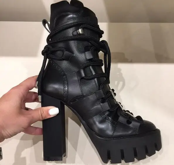 Women Faux Leather Ankle Boots Lace Up Chunky Heel Lady High Top Shoes Sz