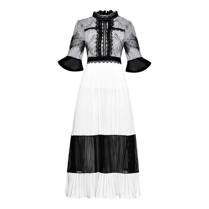 2019 Summer Fashion Runway Design Lace Patchwork Black and White Patchwork Pleated A-Line Stand Half Flare Sleeve Women Dress
2019 Summer Fashion Runway Design Lace Patchwork Black and White Patchwork Pleated A-Line Stand Half Flare Sleeve Women Dress