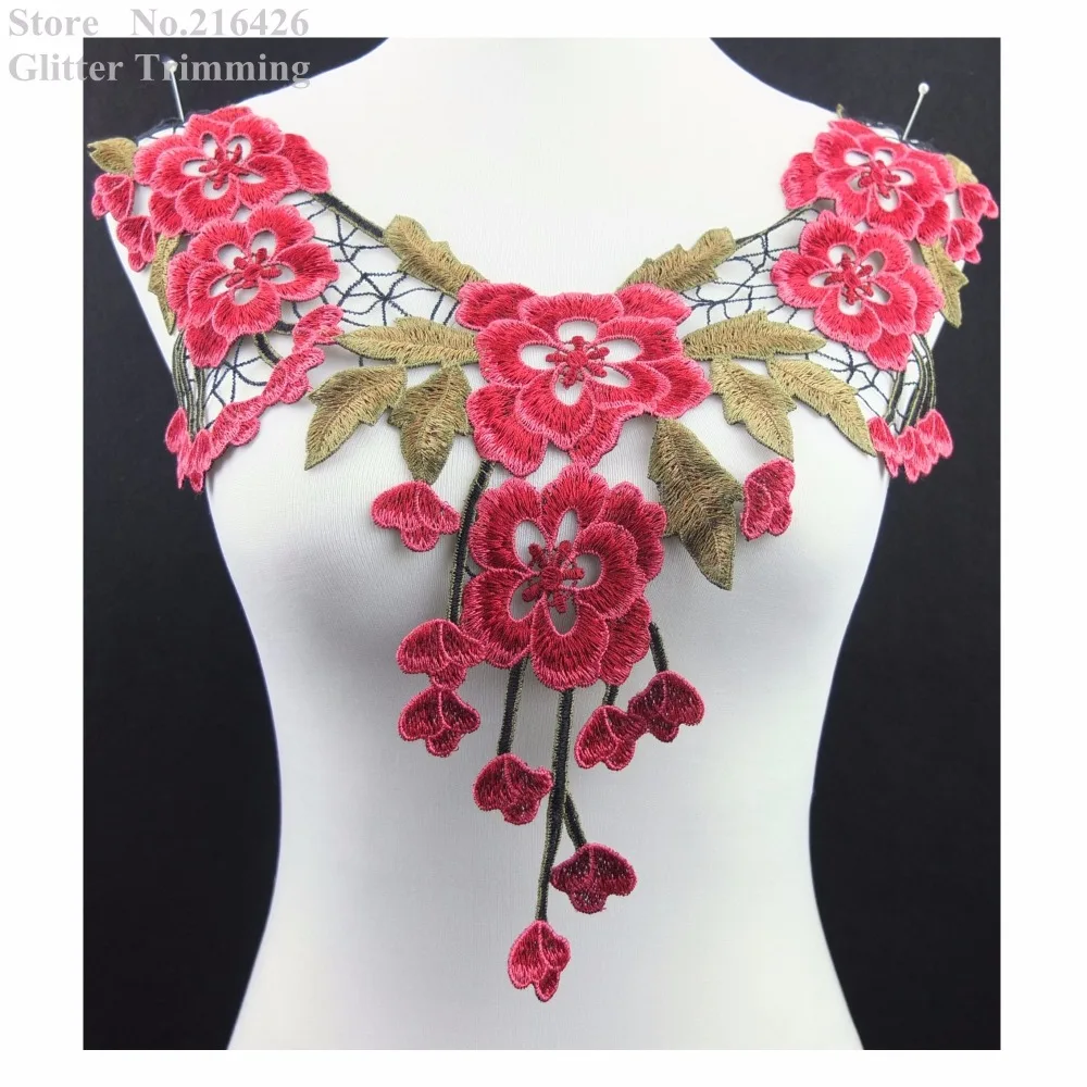 

Free Shipping 1pc x Newest Beautiful Red/Olive Green Flower Embroidery Lace Appliques Trim Neckline Collar Motifs Patches BNC55