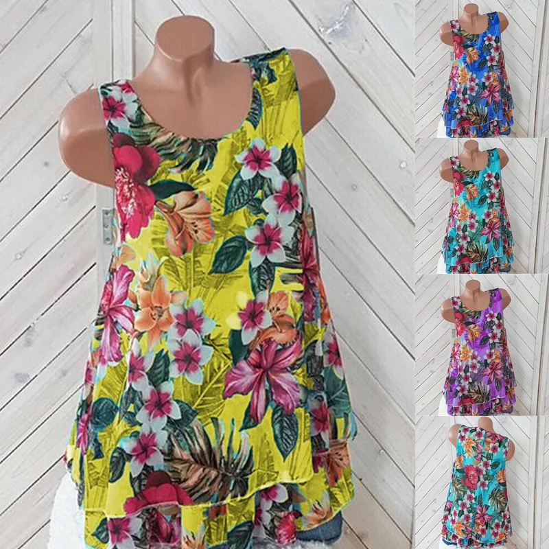 2019 summer new large size women's blouse printed double-layer sleeveless chiffon shirt
2019 summer new large size women's blouse printed double-layer sleeveless chiffon shirt