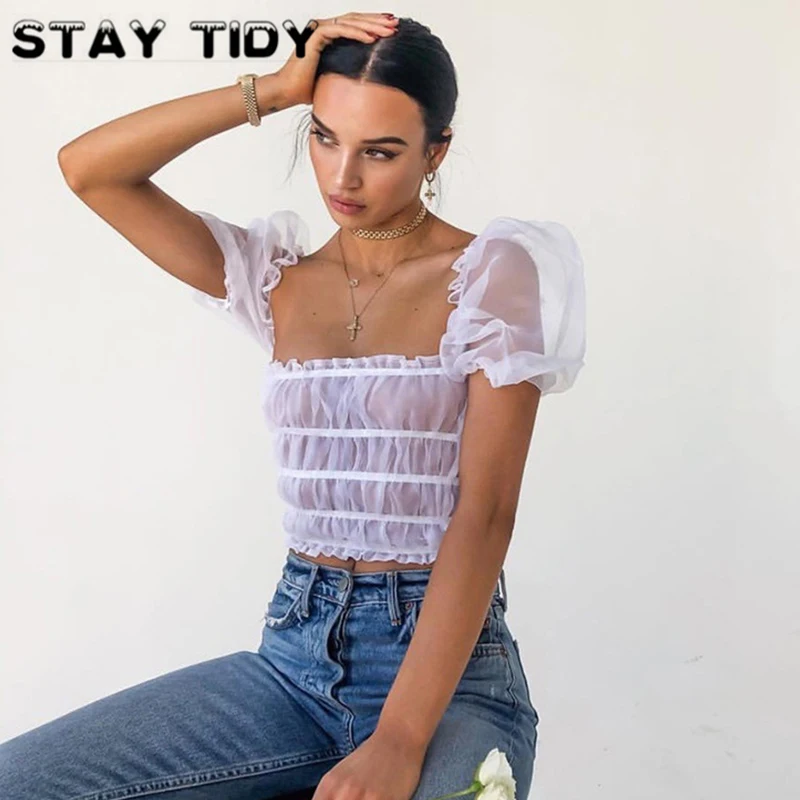 STAY TIDY Mesh See Through Backless T Shirt 2019 Summer Women Puff sleeve Square Collar Slim T Shirts Sexy Party Streetwear Tee
STAY TIDY Mesh See Through Backless T Shirt 2019 Summer Women Puff sleeve Square Collar Slim T Shirts Sexy Party Streetwear Tee