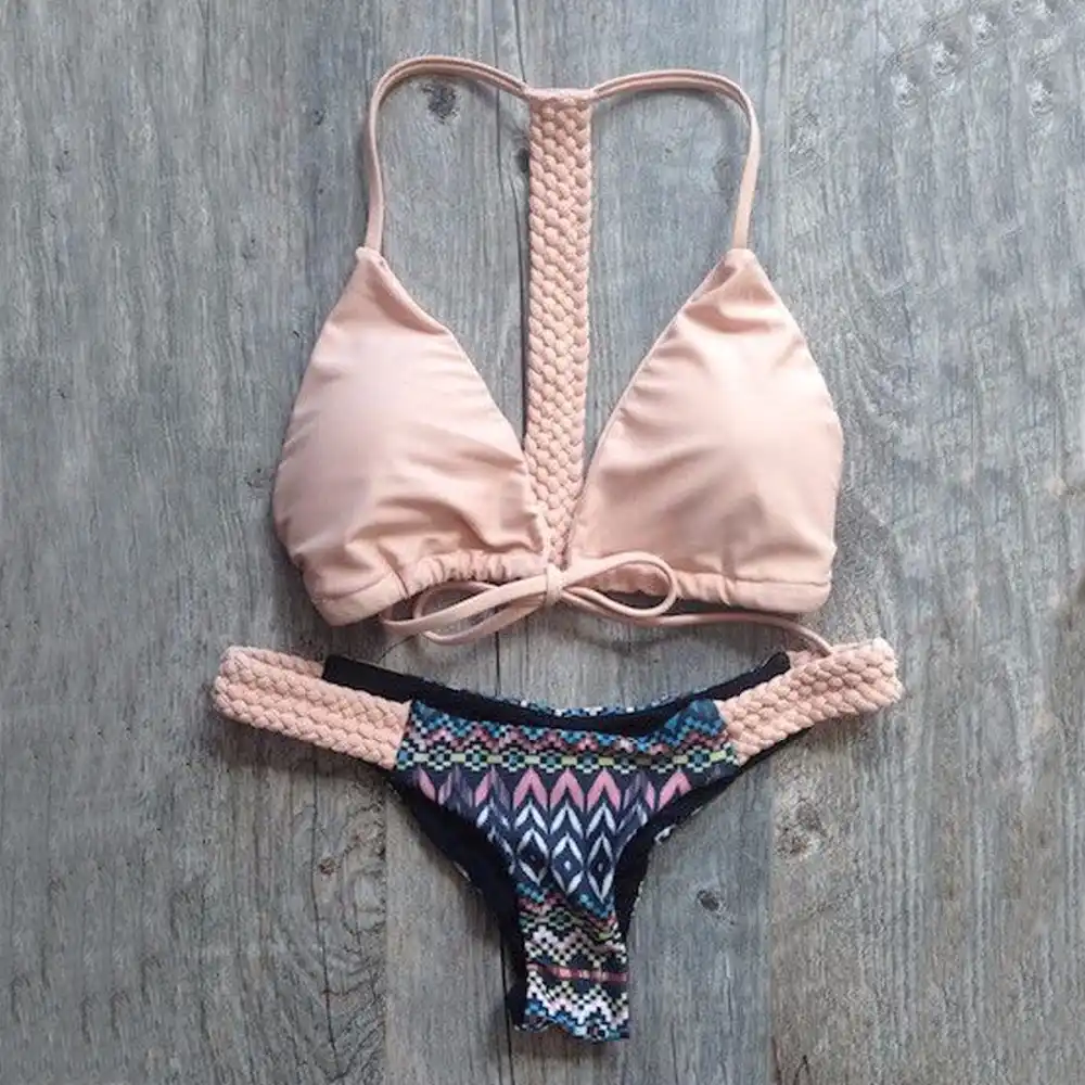 Sumen Women Two Piece Bikini Push-Up Padded Stripe Swimwear Swimsuit Beachwear