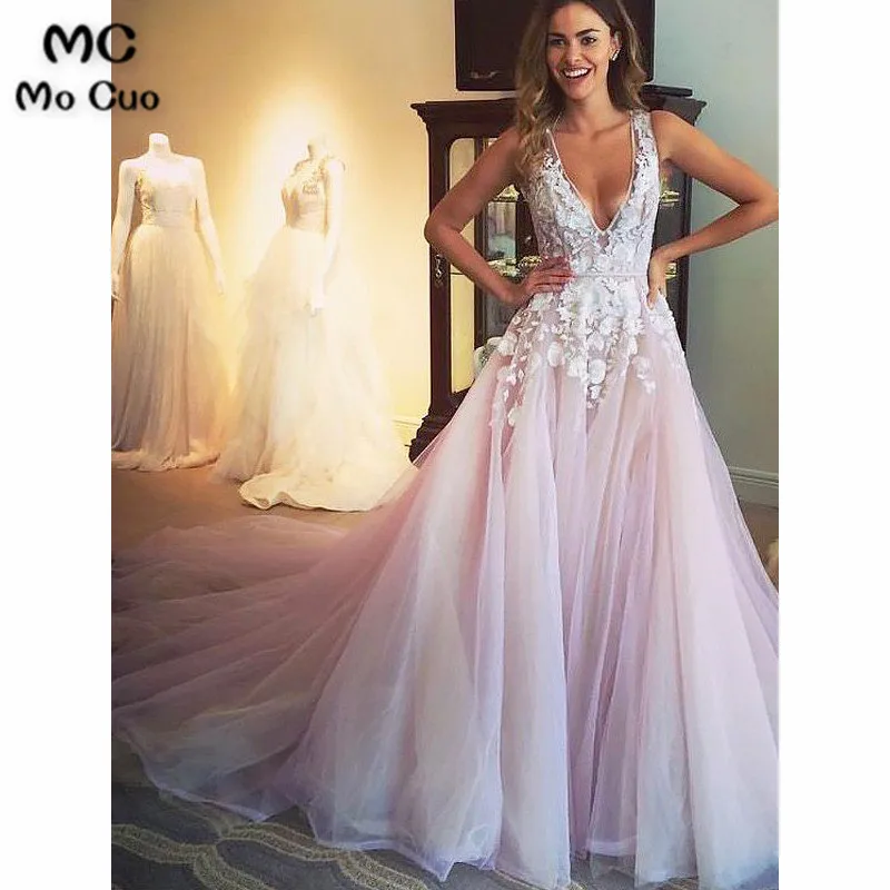 Princess V-neck Sweep Brush Train Tulle Sleeveless Applique Dresses
