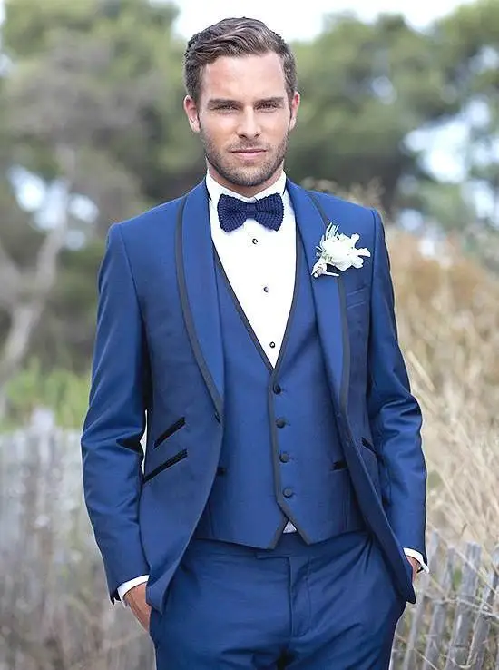 

New Arrivals One Button Blue Groom Tuxedos Shawl Lapel Groomsmen Best Man Wedding Prom Suits ( jacket+Pants+vest+tie)