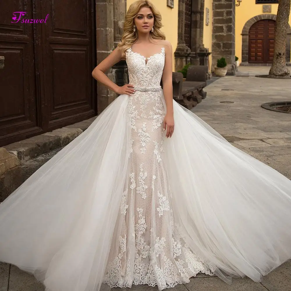 Fsuzwel Elegant Scoop Neck Appliques Lace Mermaid Wedding Dress 2020 Luxury Sashes Beaded Detachable Train Bridal Gown Plus Size
Fsuzwel Elegant Scoop Neck Appliques Lace Mermaid Wedding Dress 2020 Luxury Sashes Beaded Detachable Train Bridal Gown Plus Size
