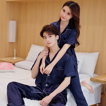 New Style Lovers Silky Satin Pajamas Set Short Sleeve Pyjamas Suit Summer 2PCS Sleepwear Solid Color Women Men Nightwear
New Style Lovers Silky Satin Pajamas Set Short Sleeve Pyjamas Suit Summer 2PCS Sleepwear Solid Color Women Men Nightwear