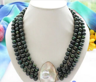 

NEW 0015106 3row 10-11mm peacock black freshwater pearl necklace mabe clasp