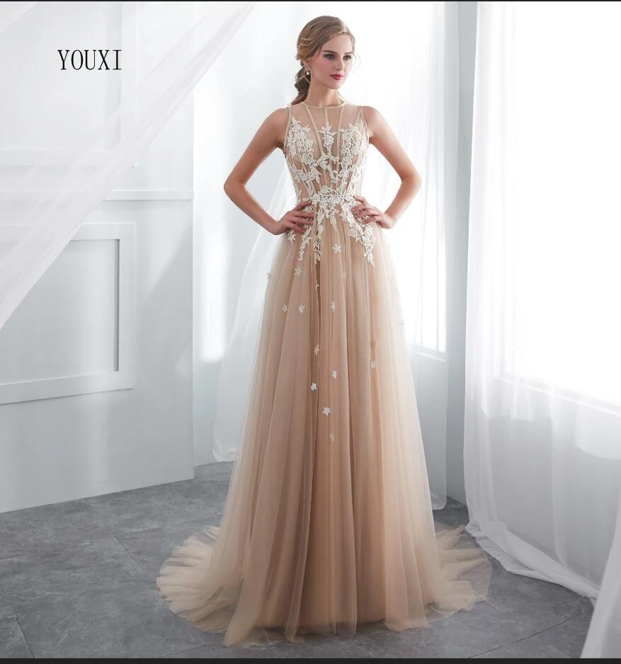 Champagne Lace Tulle A-Line Sleeveless Sexy Prom Dress Illusion Sheer Evening Dress Gown Evening Dresses 2019
Champagne Lace Tulle A-Line Sleeveless Sexy Prom Dress Illusion Sheer Evening Dress Gown Evening Dresses 2019