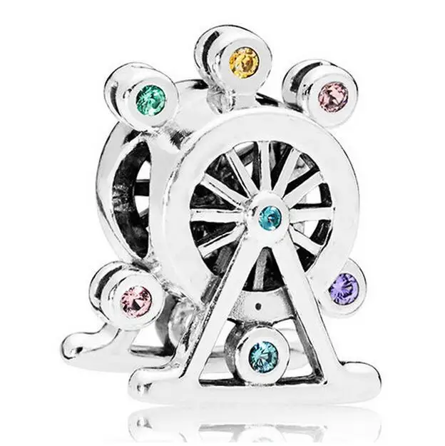 

925 Sterling Silver Bead Charm Ferris Wheel With Multi-Colored Crystal Carriages Beads Fit Pandora Bracelet & Necklace Jewelry
