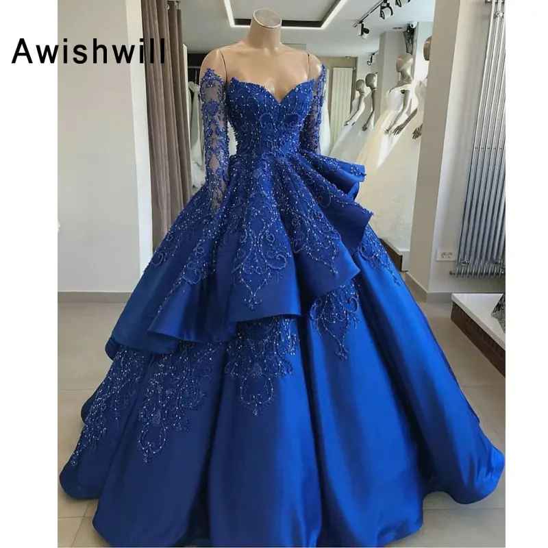 Ball Gown Long Sleeve Royal Blue Prom Dresses Luxury Beading Satin Chic Long Evening Dress Arabic Special Occasion Party Gowns
Ball Gown Long Sleeve Royal Blue Prom Dresses Luxury Beading Satin Chic Long Evening Dress Arabic Special Occasion Party Gowns