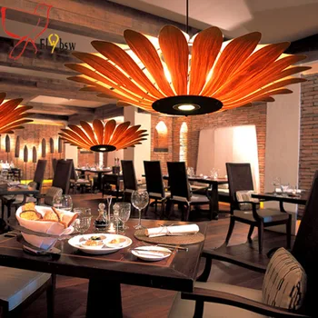 

Southeast Asian wooden pendant lamp dia 40 50 60cm Sun flower shape creative wood veneer restaurant hanglamp lighting fixtures