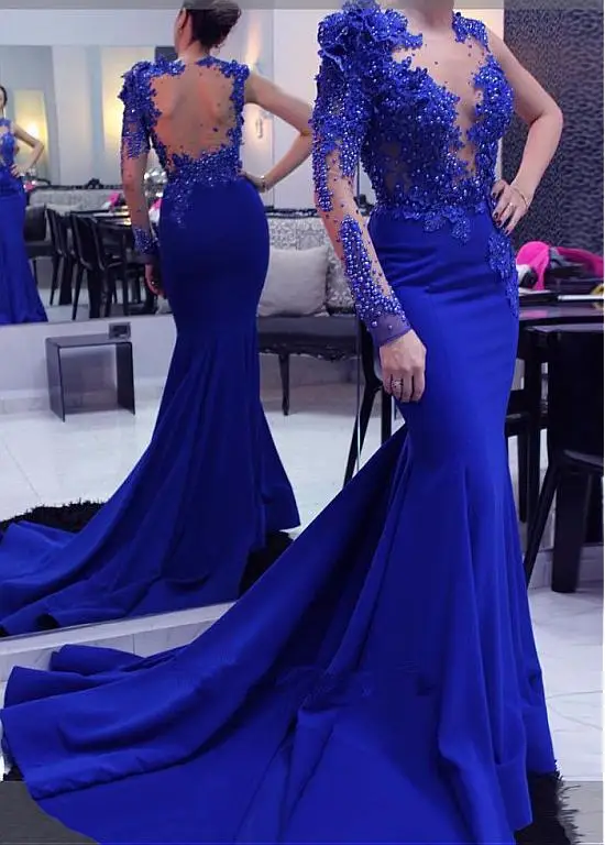 Royal Blue Mermaid Sexy Evening Dresses Long 2019 Lace Appliques Pearls Sweep Train Illusion Top Prom Party Gown Robe de soiree
Royal Blue Mermaid Sexy Evening Dresses Long 2019 Lace Appliques Pearls Sweep Train Illusion Top Prom Party Gown Robe de soiree