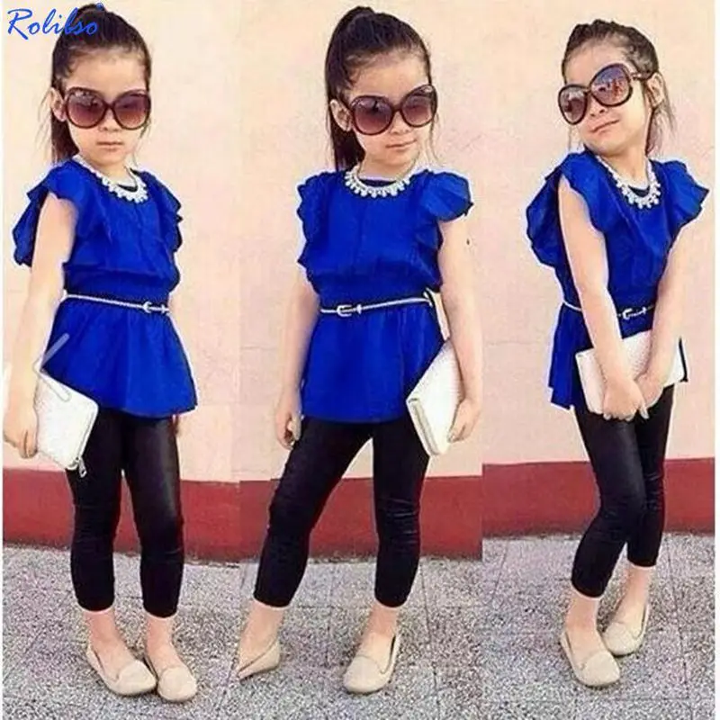 2018 New Arrive Fashion Children Girls Blue Top+black Pants with Belt 2 Pcs Set Children Clothing Sets Summer Fashion Girls Suit
2018 New Arrive Fashion Children Girls Blue Top+black Pants with Belt 2 Pcs Set Children Clothing Sets Summer Fashion Girls Suit