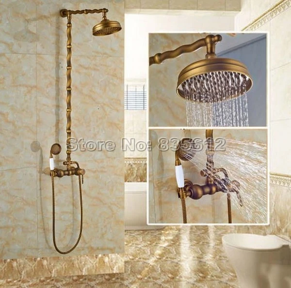 

Retro Rain Shower Faucet Set Bathroom Hand Shower Mixer Taps Antique Brass Finish with 8 inch Rainfall Shower Heads Wrs053