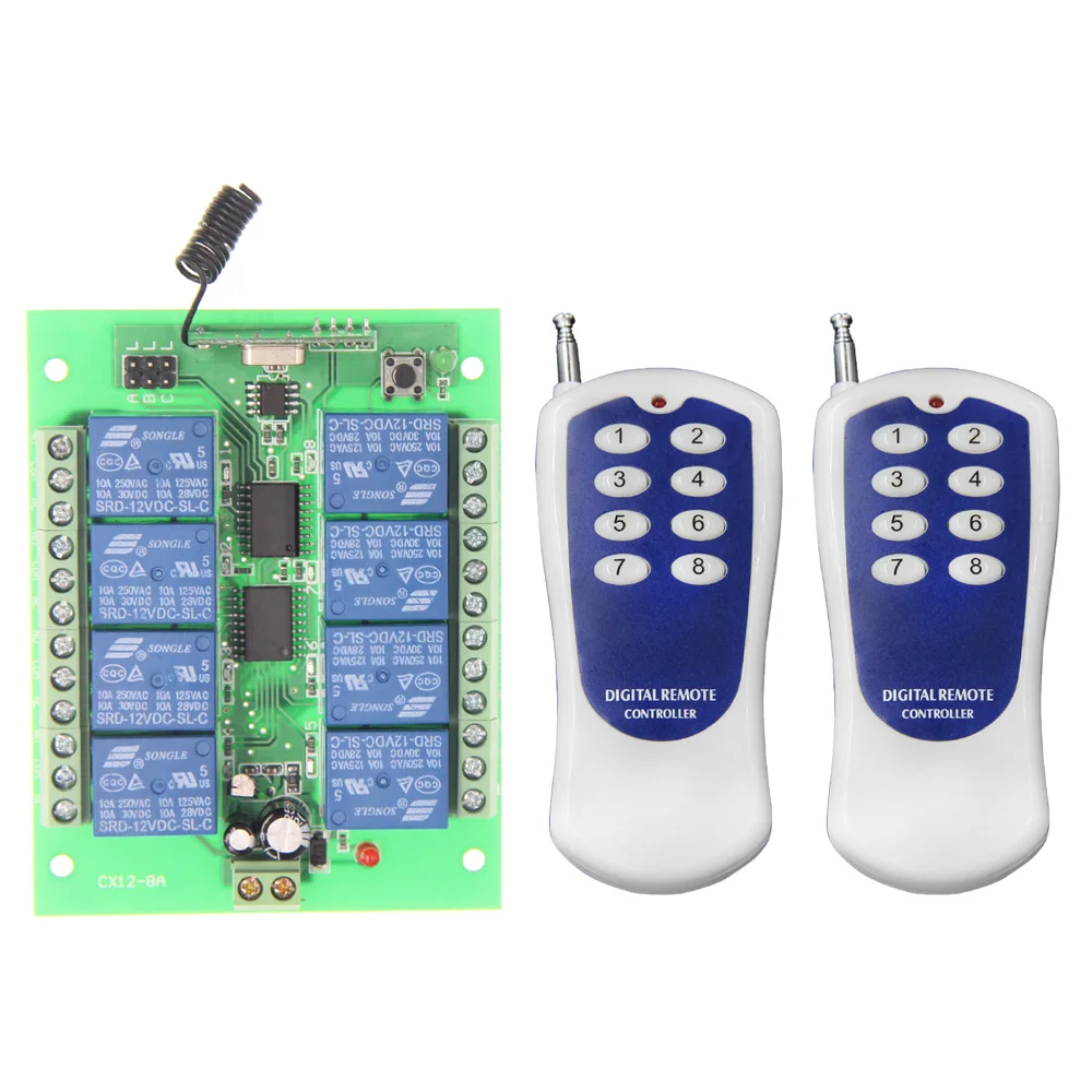 DC 12V 24V 8 CH 8CH RF Wireless Remote Control Light Motor Switch System + Transmitter+Receiver,315 433 MHz
DC 12V 24V 8 CH 8CH RF Wireless Remote Control Light Motor Switch System + Transmitter+Receiver,315 433 MHz
