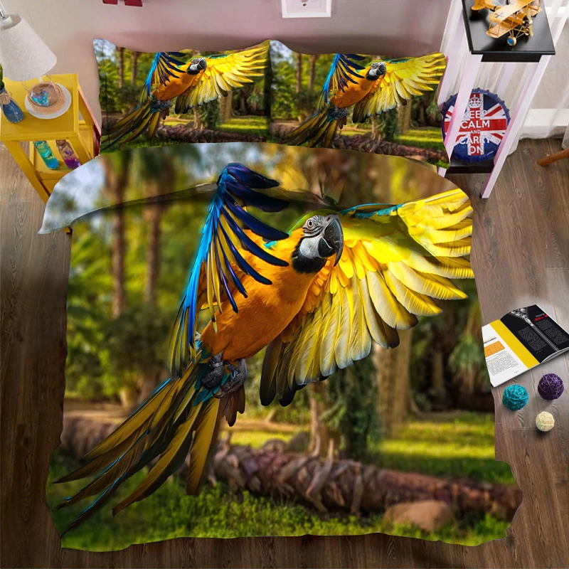 Colorful parrot flying wings 3d effect photo bed linen can be customized photo pattern
Colorful parrot flying wings 3d effect photo bed linen can be customized photo pattern