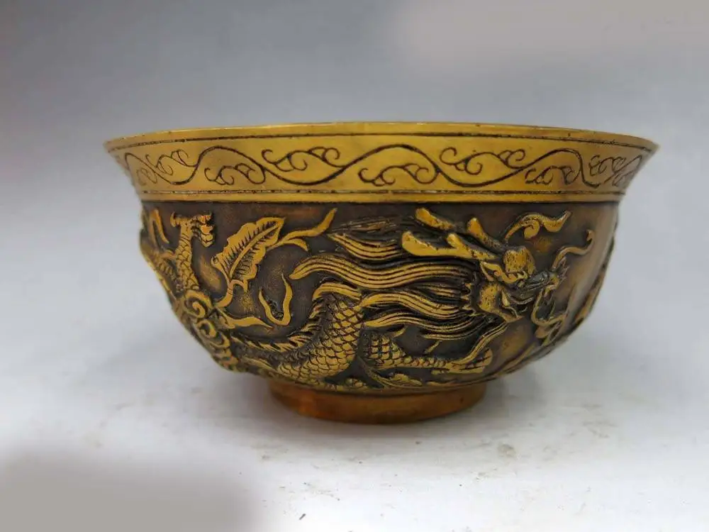 DS China bronze gild carved beautiful two dragon sculpture bowl pot Statue